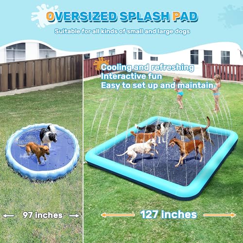 Image of 127'' Splash Pad for Dogs, Non-Slip Sprinkler for Kids, Square Splash Pad for Kids Ages 4-8, Splash Pads for Toddlers 1-3, Dog Sprinkler Shallow Pool, Outdoor Water Toys for Backyard, Teal