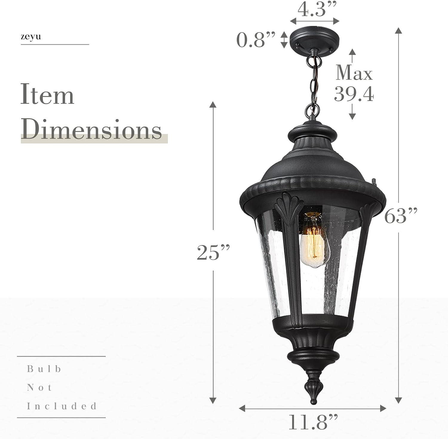 zeyu Outdoor Hanging Porch Light for House - 25 Inch Large Farmhouse Exterior Pendant Light Chandelier with Adjustable Chain Seeded Glass, Black Finish, ZX54H BK