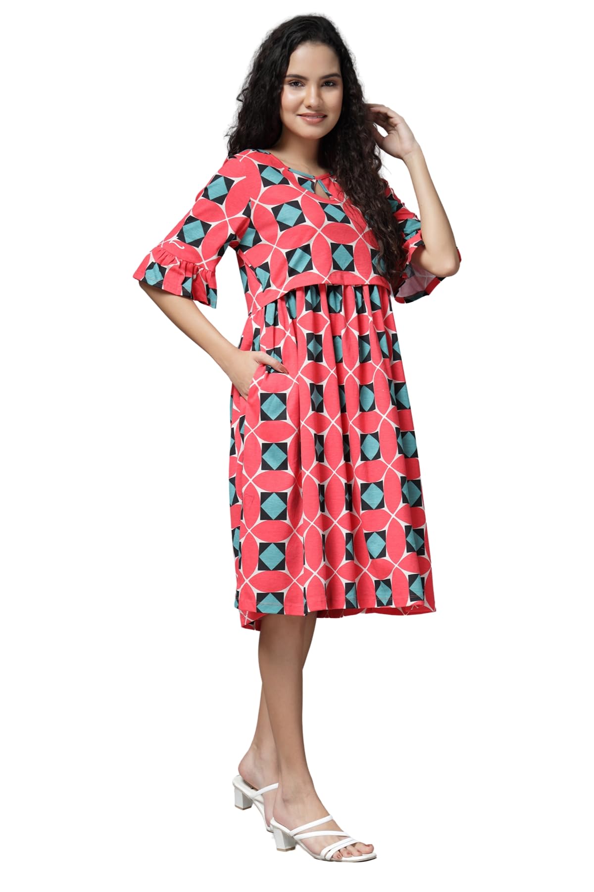 zelena Maternity Zipless Feeding Dress for Women | 100% Cotton Pre & Post Pregnancy Printed Dress for Pregnant Woman | Nursing Dresses for Easy Breastfeeding for Mothers with Pockets-picture-15