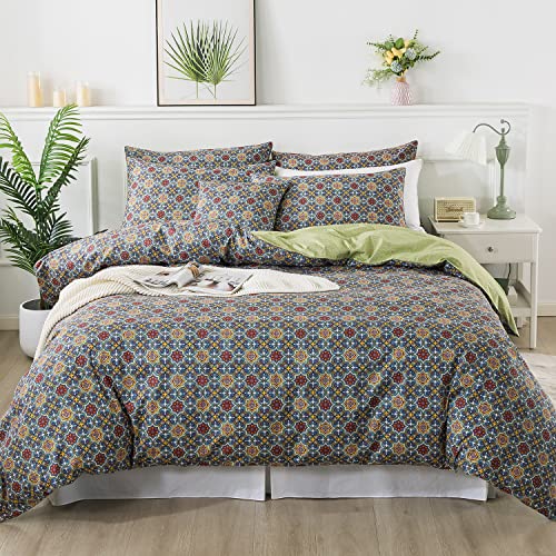 Fadfay Vintage Cotton Duvet Cover Set Queen Traditional Bedding Royal Blue Luxurious Chic Paisley Boho Comforter Cover Exotic Mandala Quilt Cover Rustic Western Soft Cozy Bed Covers Zipper 3Pcs #TOP7