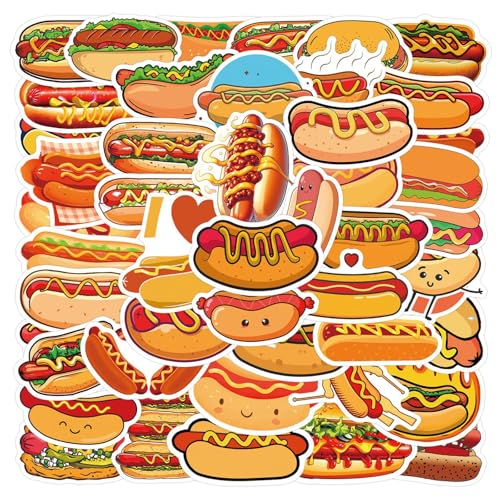 50PCS Delicious Hot Dog Stickers for Laptop Phone Scrapbook Water Bottle Notebook Computer Refrigerator Luggage Skateboard Bicycle Guitar,Funny Realistic Food Waterproof Decals for Teens Adults