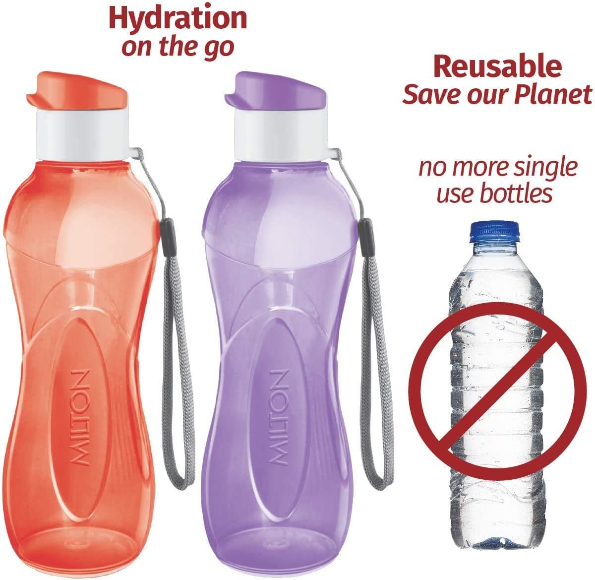MILTON Water Bottle Kids Reusable Leakproof 12 Oz Plastic Wide Mouth Large Big Drink Bottle BPA & Leak Free with Handle Strap Carrier for Cycling Camping Hiking Gym Yoga - Image 3