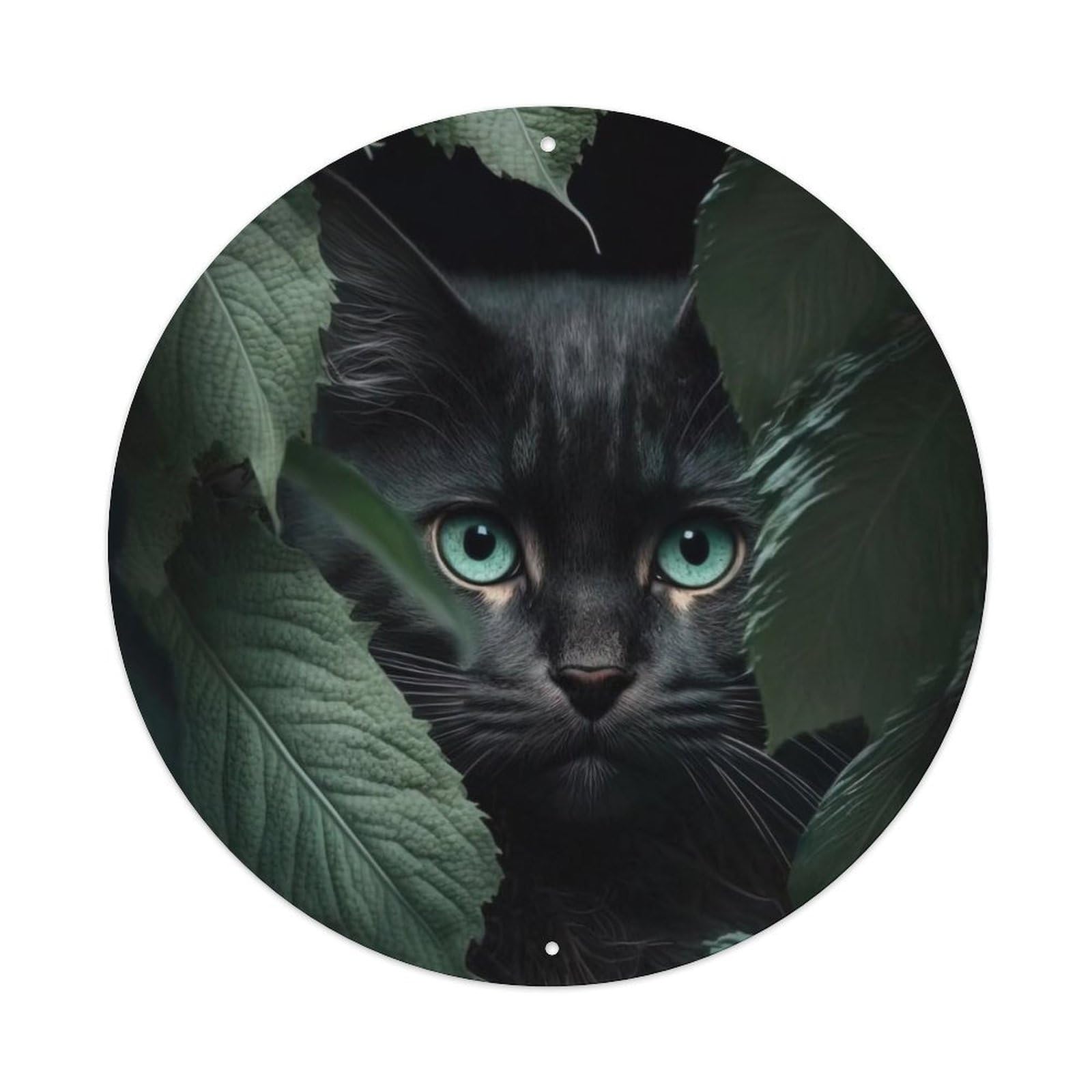Cwbufd Vintage Style Animal Green Eyed Black Cat In Jungle Foliage Wildlife Photography Vintage Metal Tin Sign Plaque Wall Decor For Cafe, Club Bar, Office, Garden Metal Poster 8X8inch