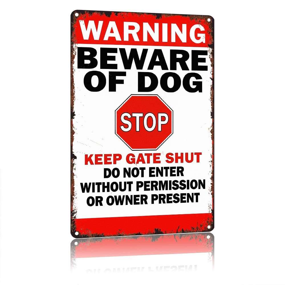 peiyeety WARNING BEWARE OF DOG STOP KEEP GATE SHUT 12X8in Vintage Aluminum Metal Sign, DOENTER WITHOUT PERMISSION OR OWNER PRESENT Retro Metal Tin Sign for Outdoor Garden Fence Gate Wall Decor