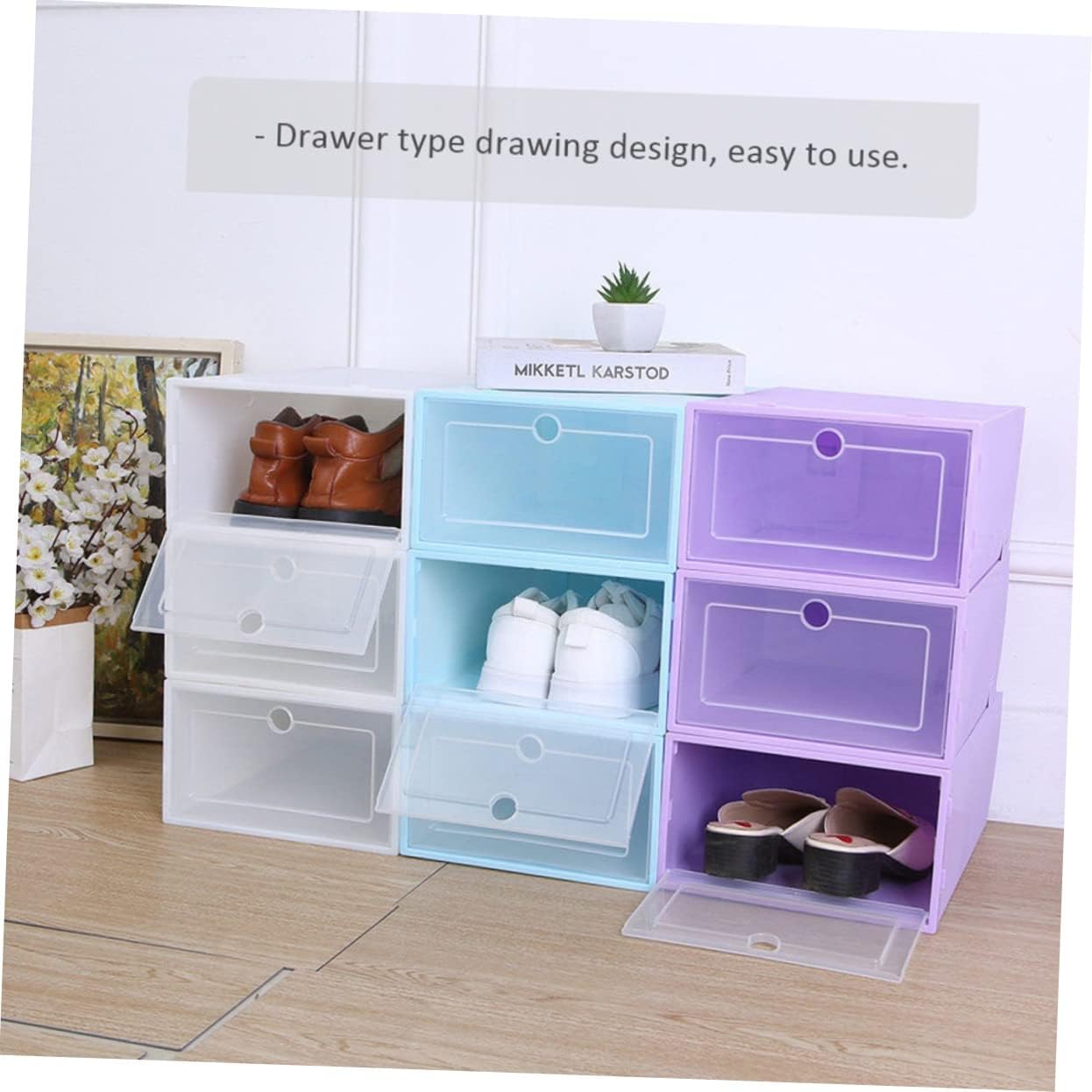 Stackable Shoe Boxes 6pcs Plastic Drawer Type Organizer Dustproof Lid for Sneakers and Heels for Closet Storage and Display