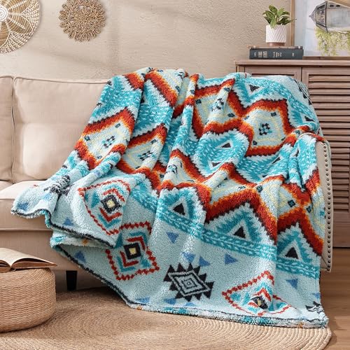CASAAGUSTO Boho Sherpa Blanket,Teal Aztec Twin Blanket, Ultra Soft, Warm, Cozy, Plush, Thick Fleece Western Blanket for Couch, Bed, Sofa (Aqua 60 * 80 Inch)