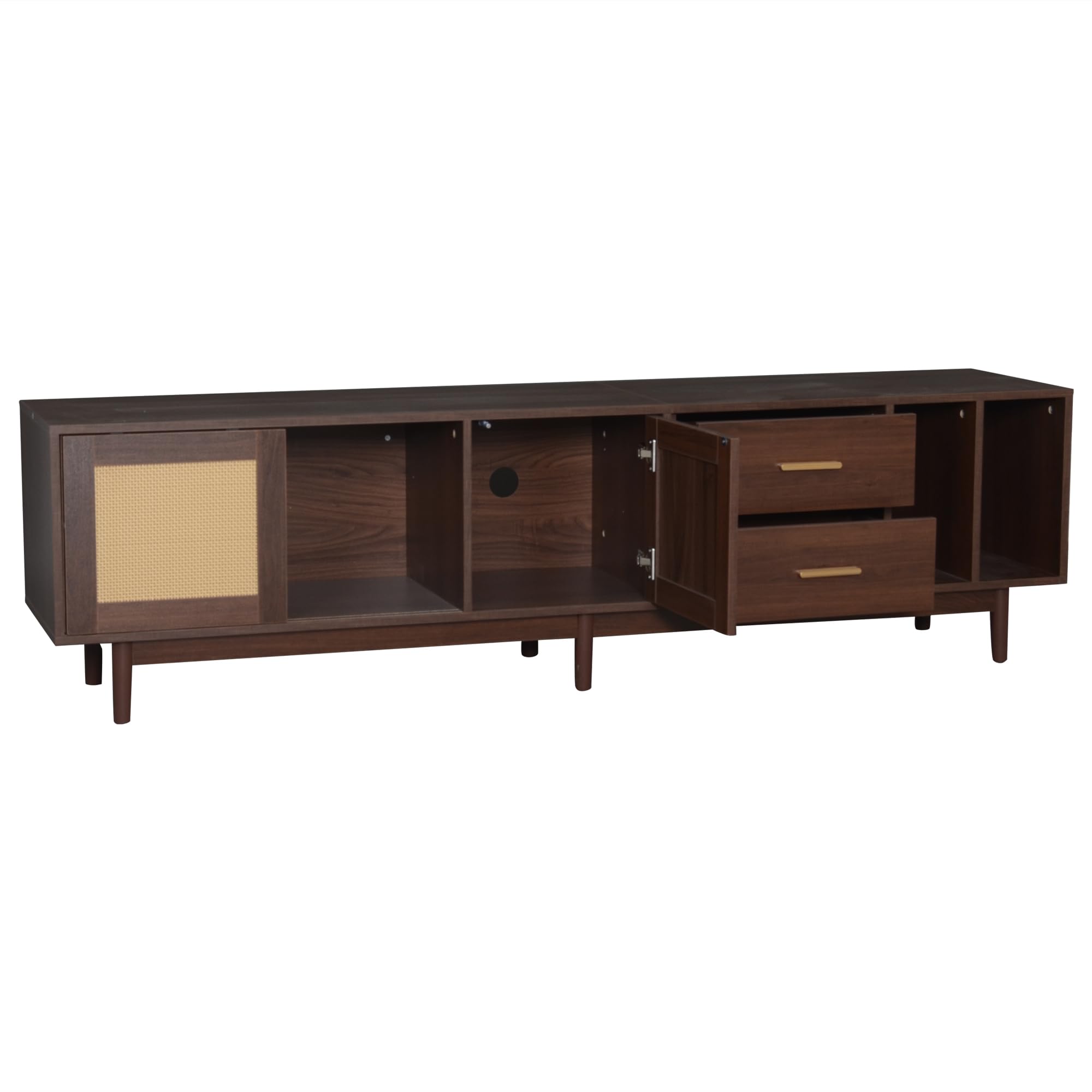 Merax Meuble TV Bas 190 cm pour TV 75 Pouces avec 3 Portes en rotin PE et 2 tiroirs, Buffet TV Design avec 2 Compartiments Ouverts, 6 Pieds Stables – 190x40x52 cm