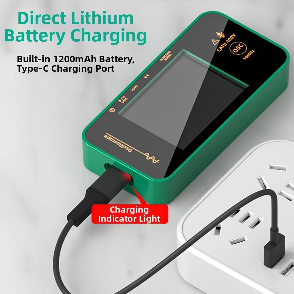 Tragbares digitales Oszilloskop, 10 MHz, 48 MSa/s, Abtastrate 8,1 cm, TFT-Display, 1200 mAh Akku, für Auto-Audio-Elektronik-Diagnose, Grün