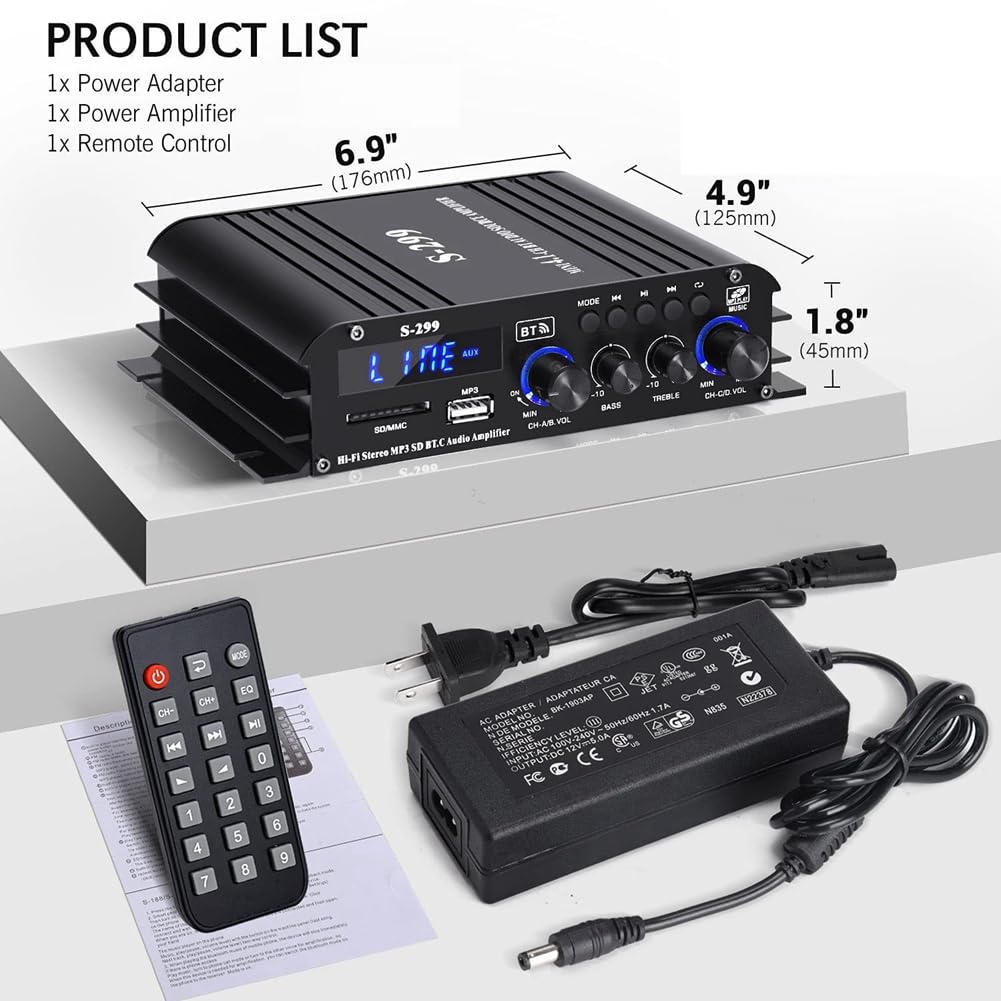S-299 Mini Amplificateur de Puissance Audio StéRéO 4.1 BT Portable pour Voiture et Maison Double Usage 4 X 40 W Amplificateur Audio à Distance Prise UE