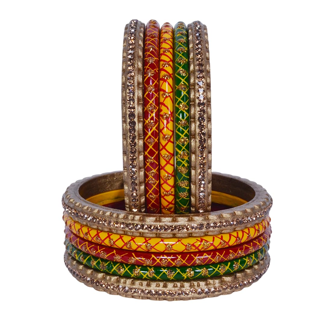 Nivrica Traditional Rajasthani Beautiful Multicolor Lac Lakh Bangle Set For Women and Girls | Jaipuri Chudi Set | Red Yellow Green Golden Bangles | Set of 10 (2.6) (B0DHHFFDCW) Amazon Price History, Amazon Price Tracker