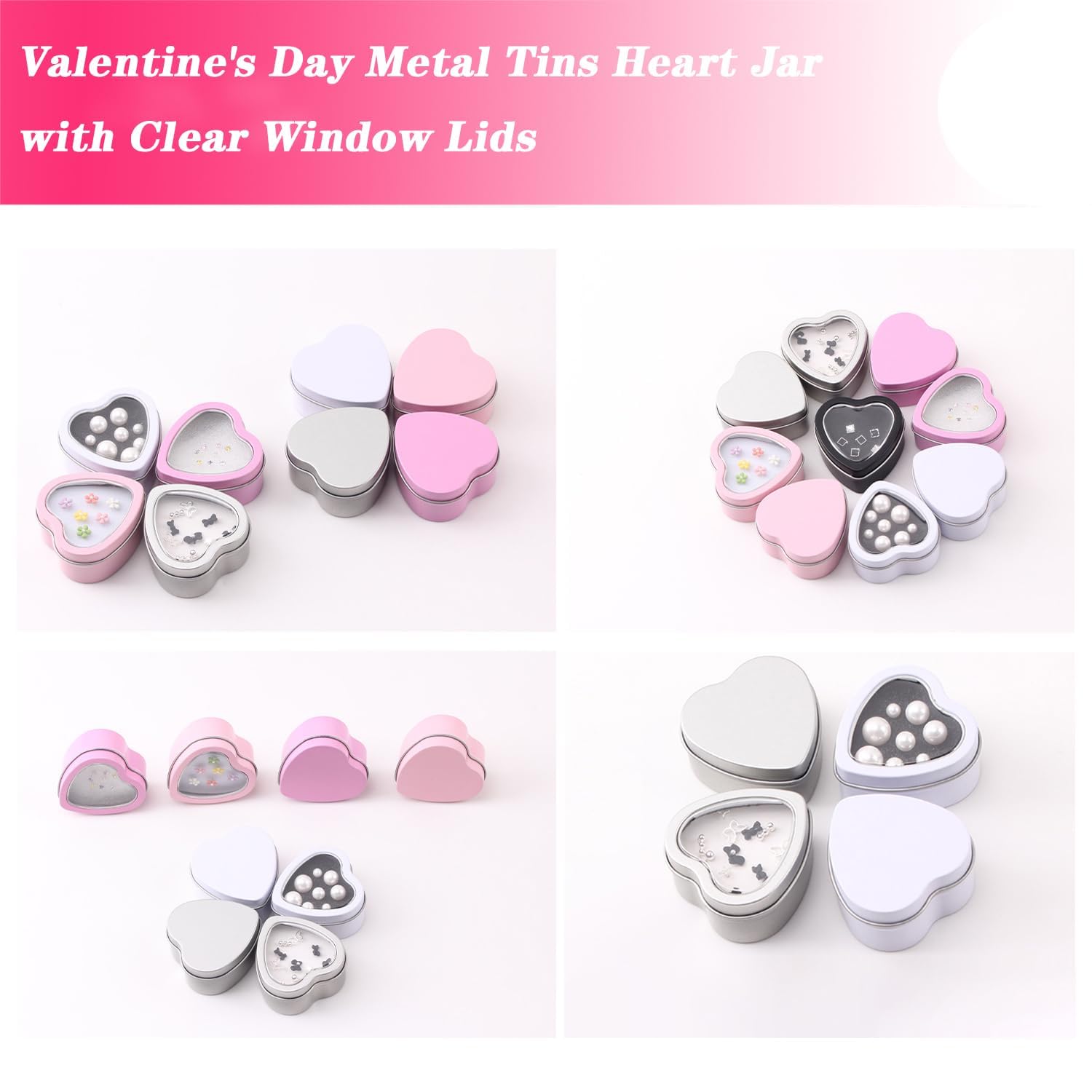Rayenr 16 Pcs Metal Tins Jar with removeable Lids2 OZ Empty Heart Shaped Tins Boxes Candle Jars Cans Art Crafts Candies Party Favors (Pink)