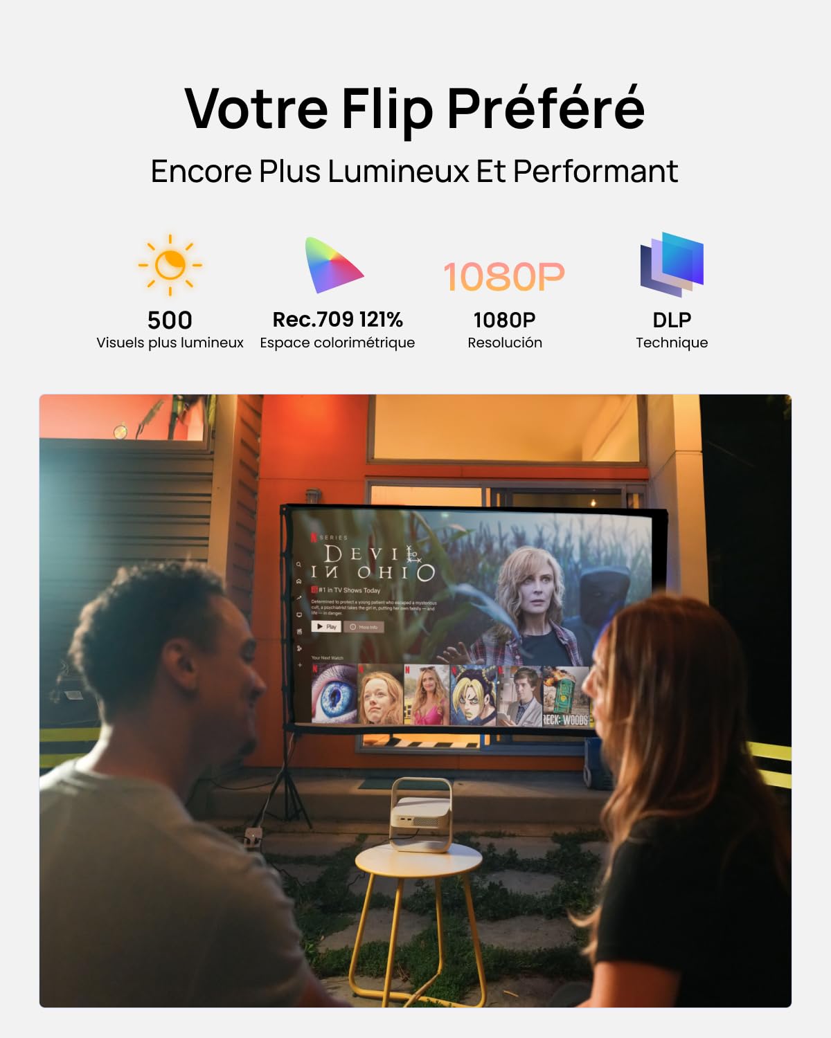 XGIMI Elfin Flip Plus Videoprojecteur Portable Cinéma Domestique & Jardin | 500 ISO, Compatible avec Google TV, Netflix, 150° Rotation, 2×3W, Autofocus, Correction Trapézoïdale, Protection Oculaire