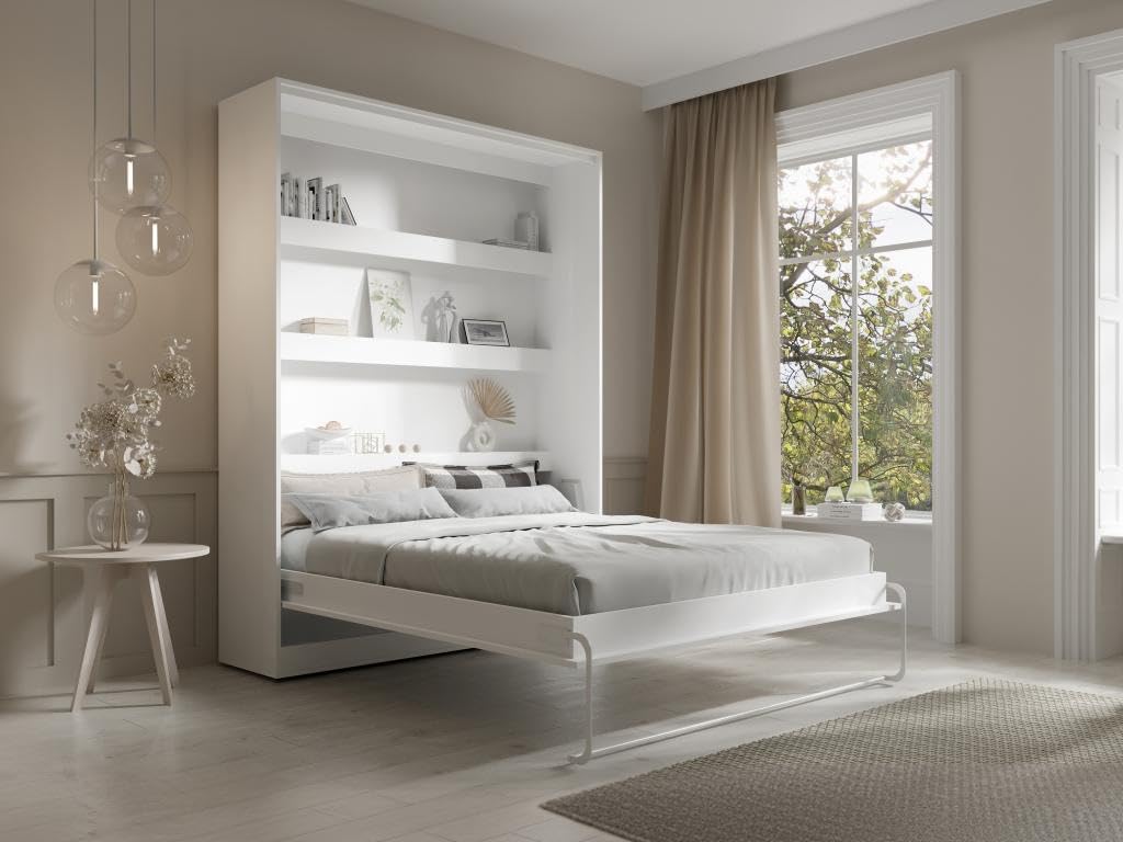 Vente-unique RAPILI wall bed partially open, showing the bed frame and shelves without LED lights.