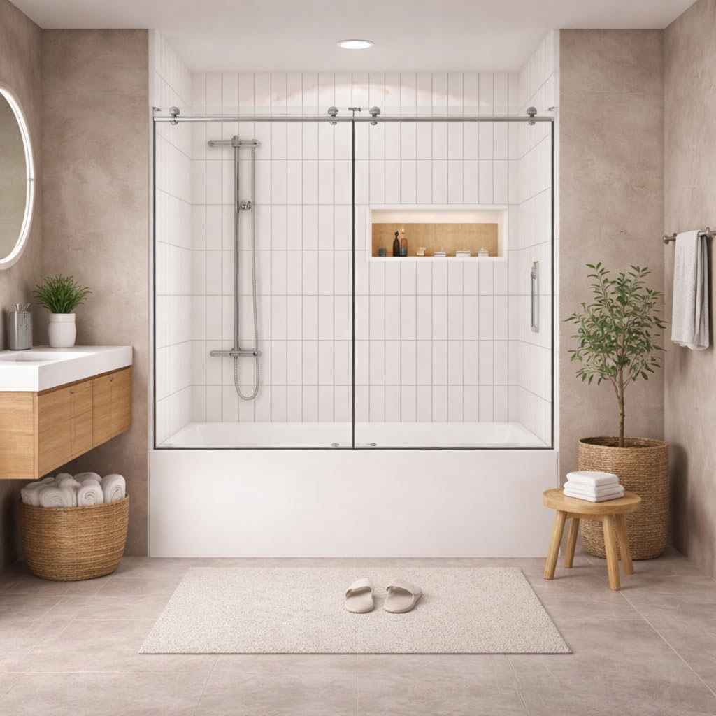 Frameless Shower Door 56-60 "W x 60" H, 1/4 "(6 mm) Clear Tempered Glass, Explosion Proof Film, Stainless Steel Handle,Brushed Nickel