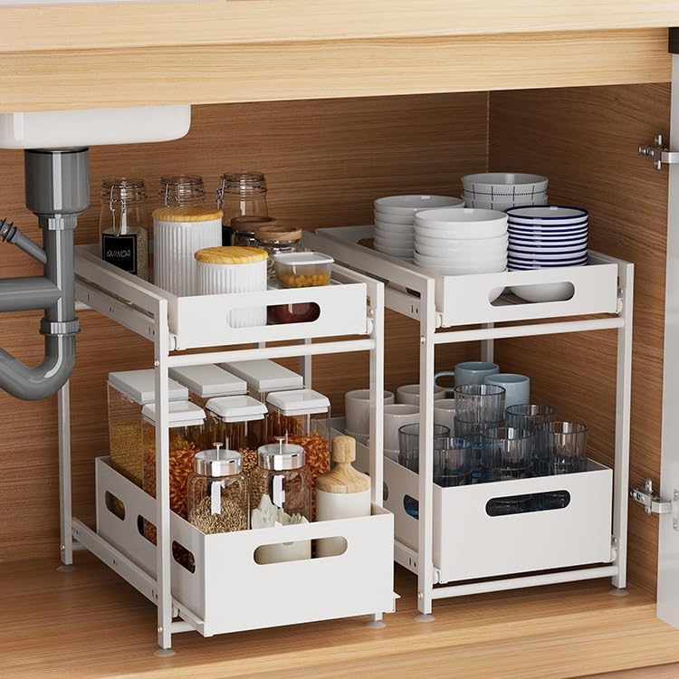 Pull Out Cabinet Organizer,2 Tier Under Sink Organizer,Slide-out Metal Cabinet Organizers for kitchen spice racks,Storage for Kitchen Bathroom, White (White)