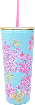 Lilly Pulitzer Double Wall Tumbler with Lid and Reusable Straw, Insulated Travel Cup Holds 24 Ounces Royal Coral