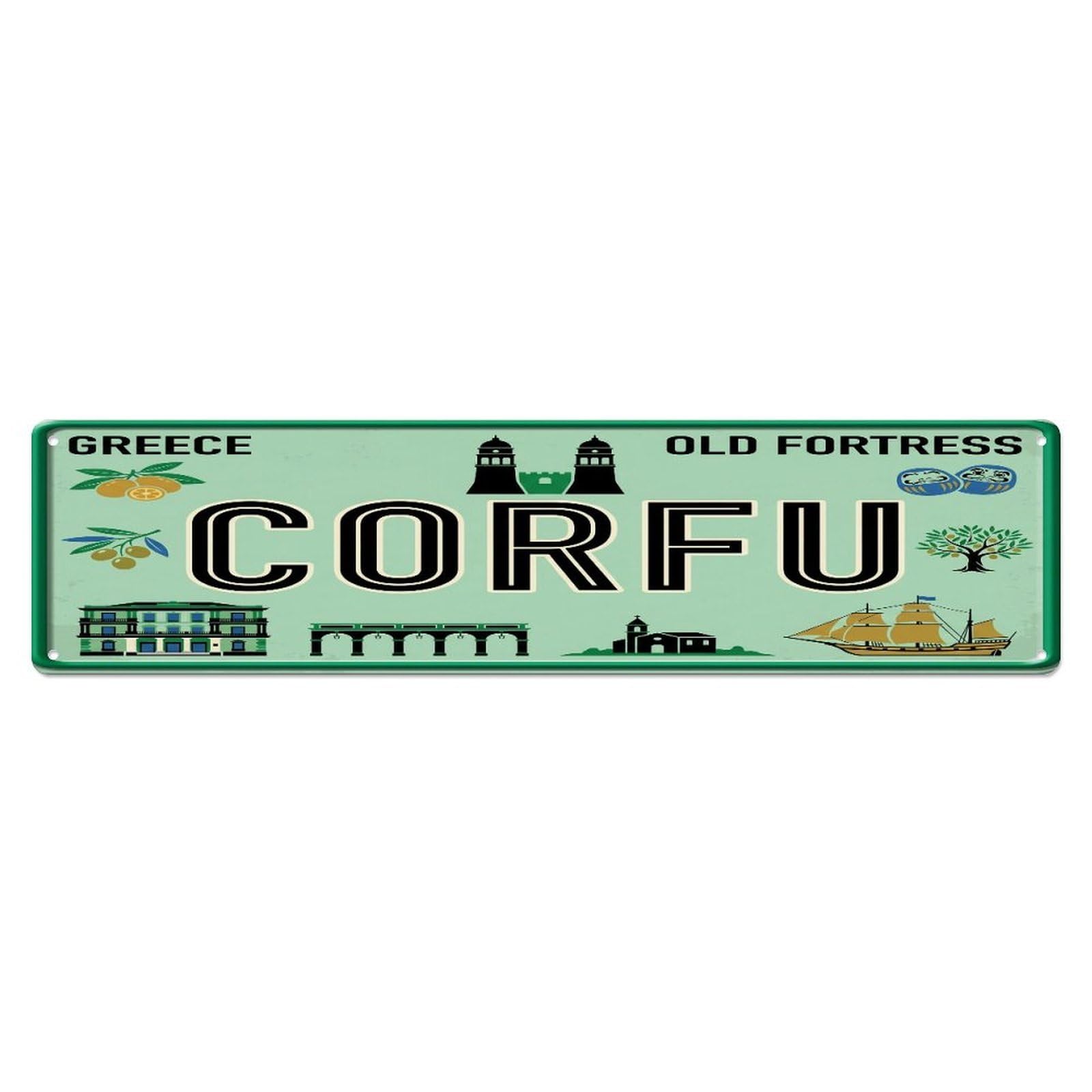 Tgrcjimh Style Metal Tin Sign Vintage Travel Corfu Old Fortress Kumquat