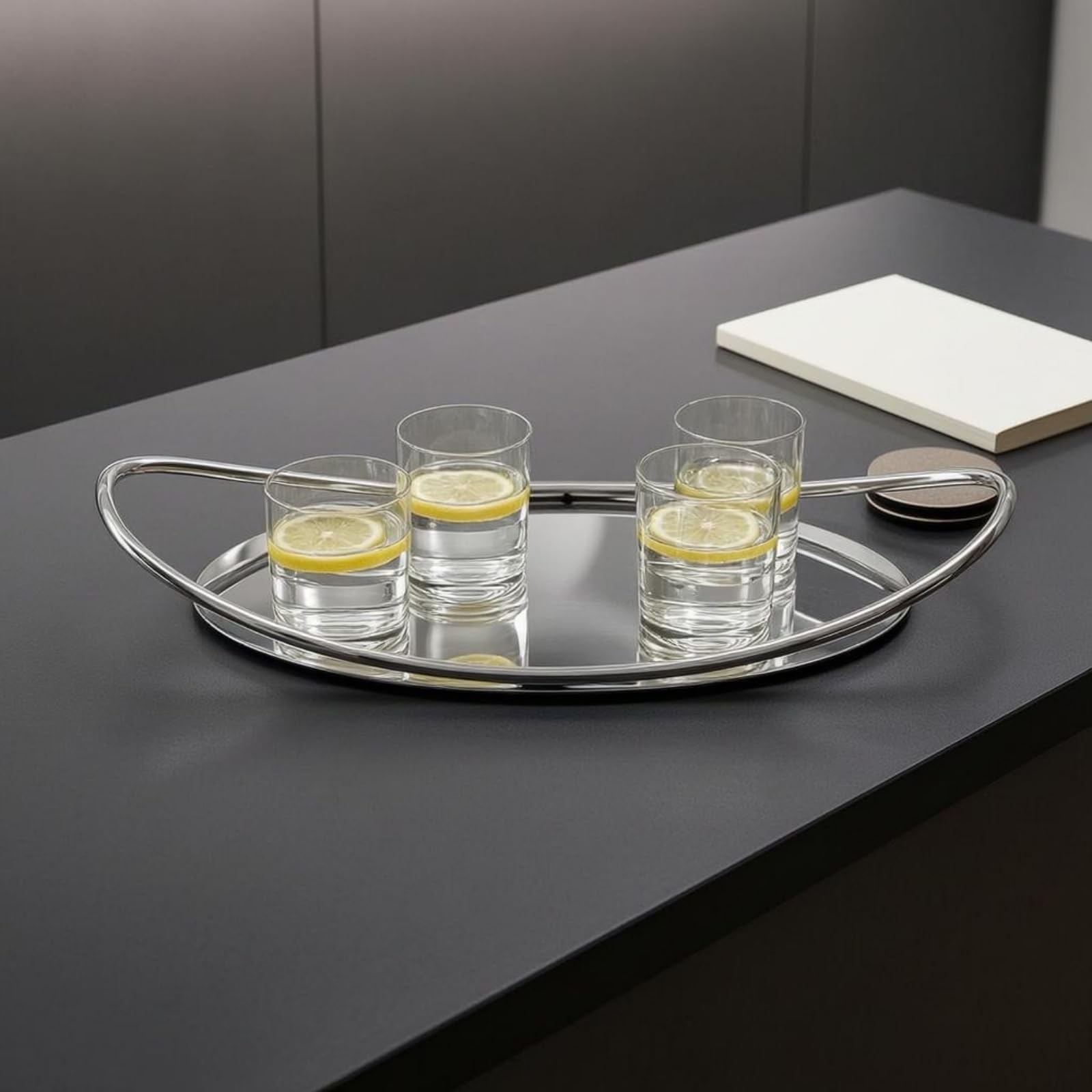 F Fityle Bandeja de Acero Inoxidable Redonda con, Bandeja De Madera Maciza con Base Redonda Y Asa De Doble Arco