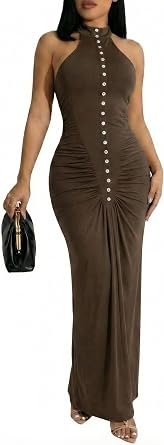 Ekaliy Womens Sexy Halter Maxi Dress Sleeveless Bodycon Ruched Long Dresses Summer Party Cocktail Club Dress