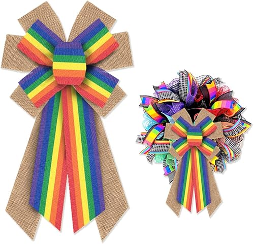 Hying Arcos grandes de orgullo gay para corona, lazos de corona de arco iris LGBTQ, coloridos lazos de arpillera natural, arco iris amor es amor,