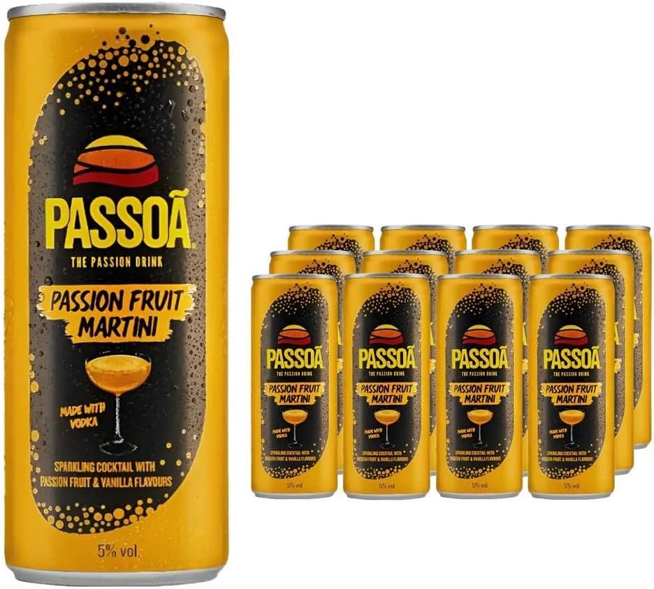 Passoa Passionfruit Martini, 5% ABV, Party Pack Case of 12 x 250ml Cans, Pre-Mixed and Ready to Drink Sparking Cocktail with Vodka, Passion Fruit and Vanilla