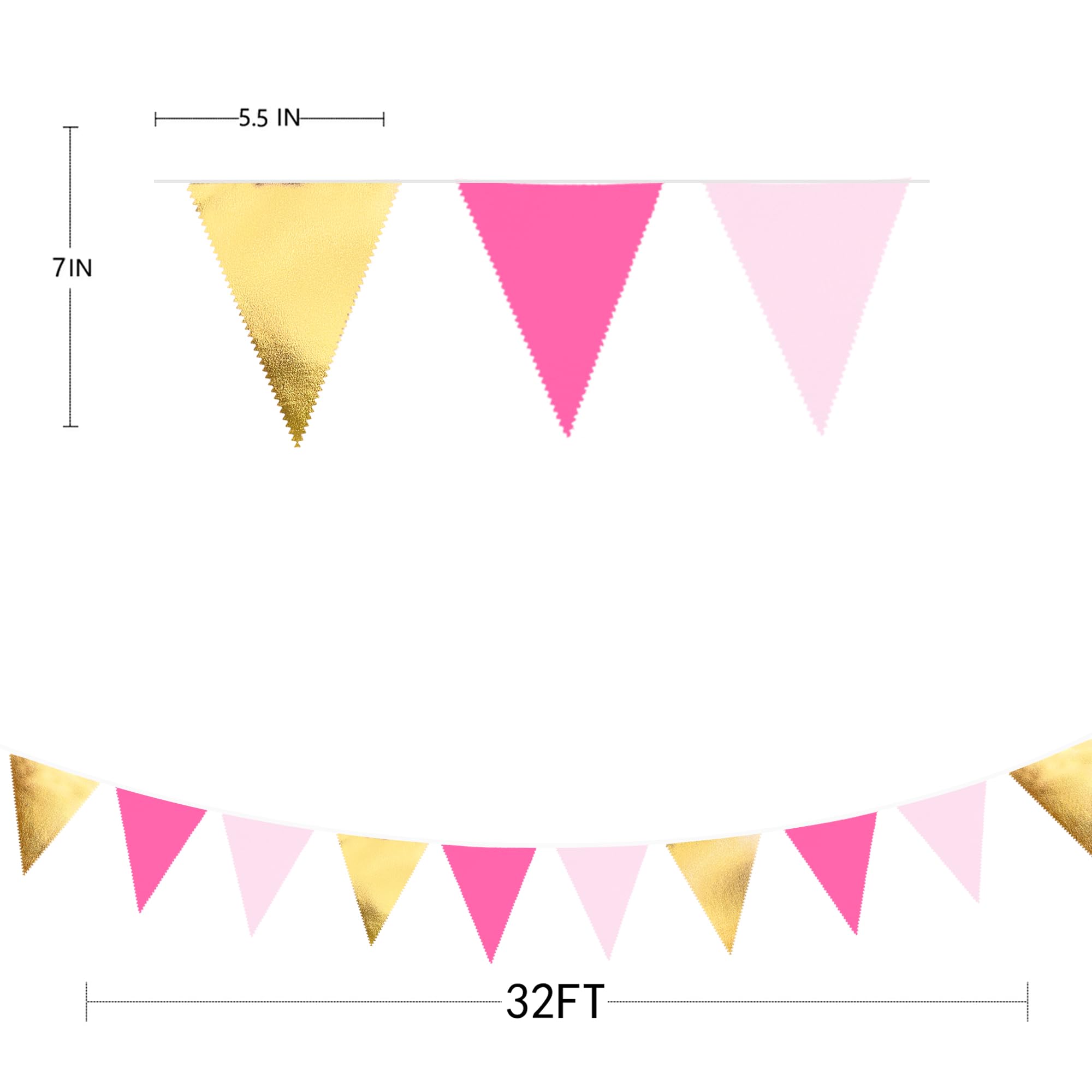 Partydekoration, 90 cm, Rotgold, Metallic-Gold und Hot Pink, Dreieck-Flagge, Stoffbanner, Wimpelkette, Girlande, Luftschlangen für Hochzeit, Babyparty, Geburtstag, Zuhause, Kinderzimmer, Outdoor,
