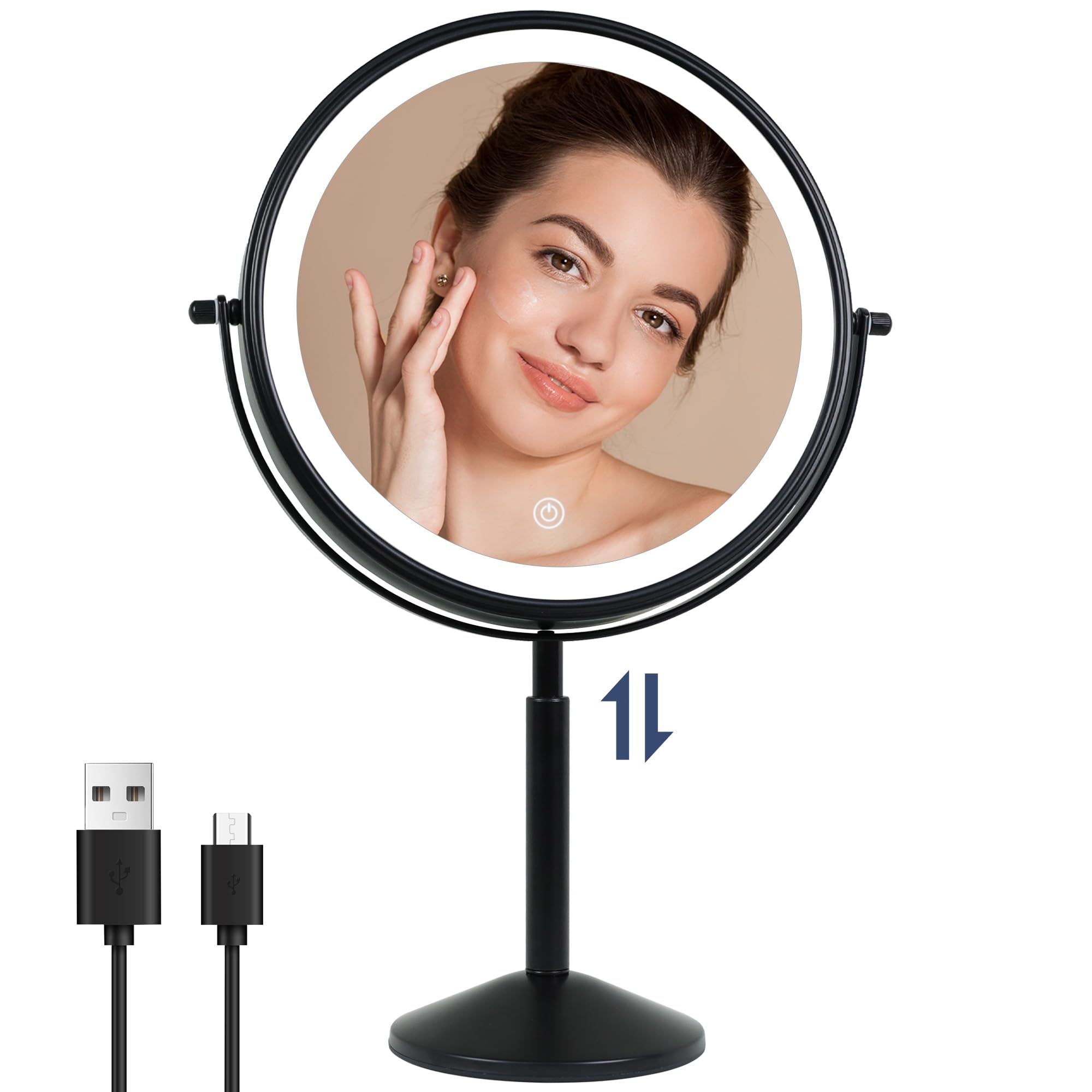 9"Lighted Makeup Mirror, TUSHENGTU 10X/ 1X Black Magnifying Makeup Vanity Mirror with Lights, Height Adjustable Rechargeable Makeup Mirror with Lights LED, 360°Double Sided Mirror with 3 Color Lights