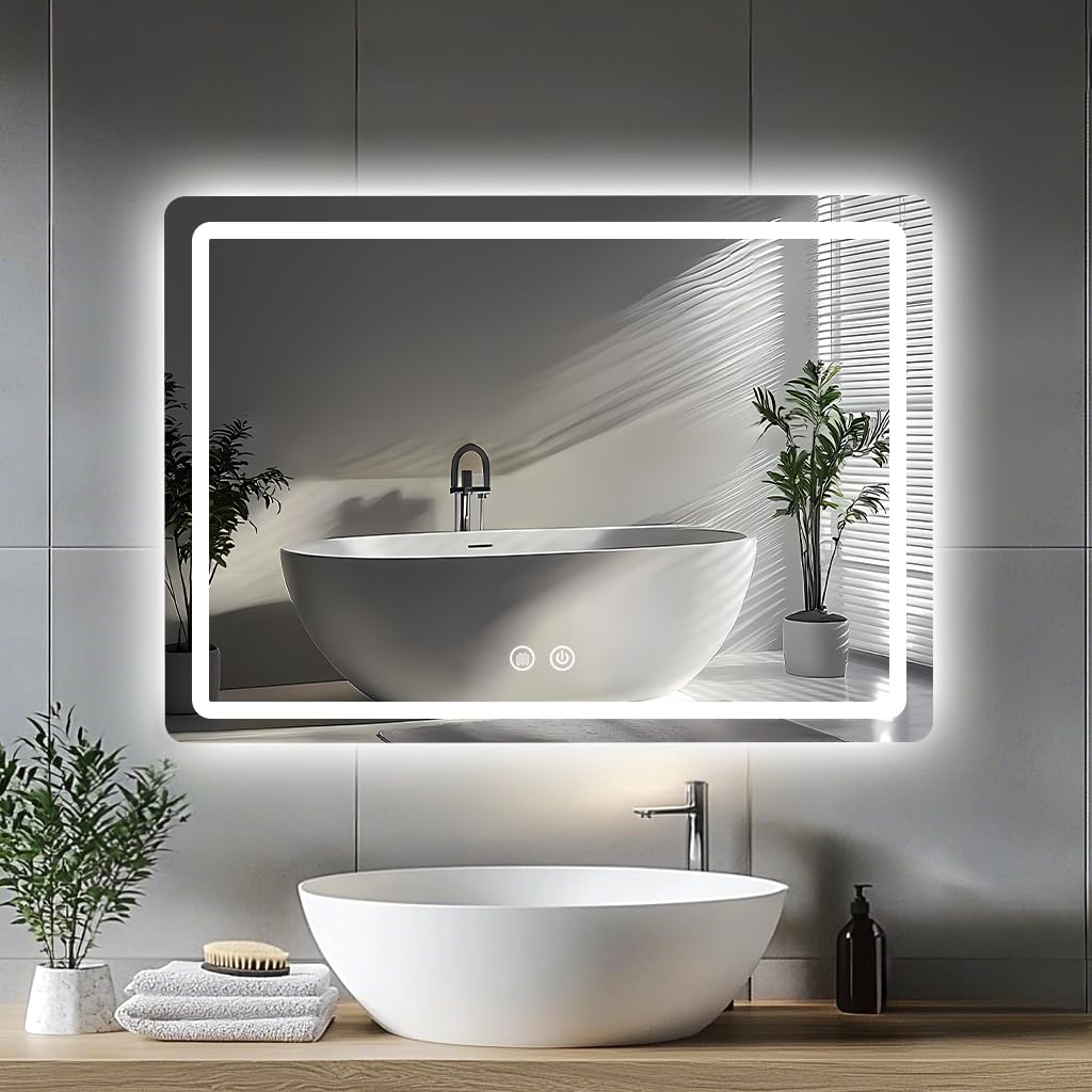 JAMUBOCHE Espejo de baño LED para fregadero, 80 x 60 cm, espejo de tocador eléctrico con luces retroiluminadas para afeitarse en la ducha, montaje en pared sin niebla, iluminación regulable de 3