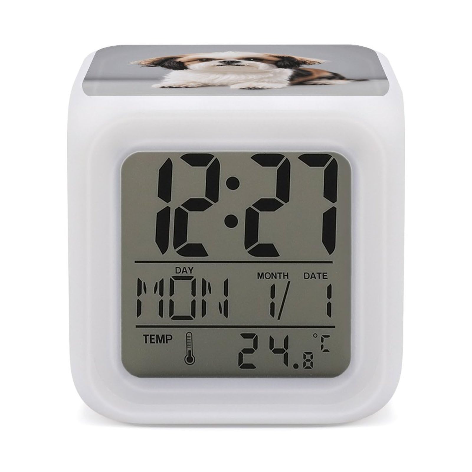 VstaDank Shih Tzu Dog Alarm Clock with Date Temperature Large LED Display Number Clocks with 7 Colors Changing Desk Clock Battery Operated Digital Clocks with Date for Heavy Sleepers