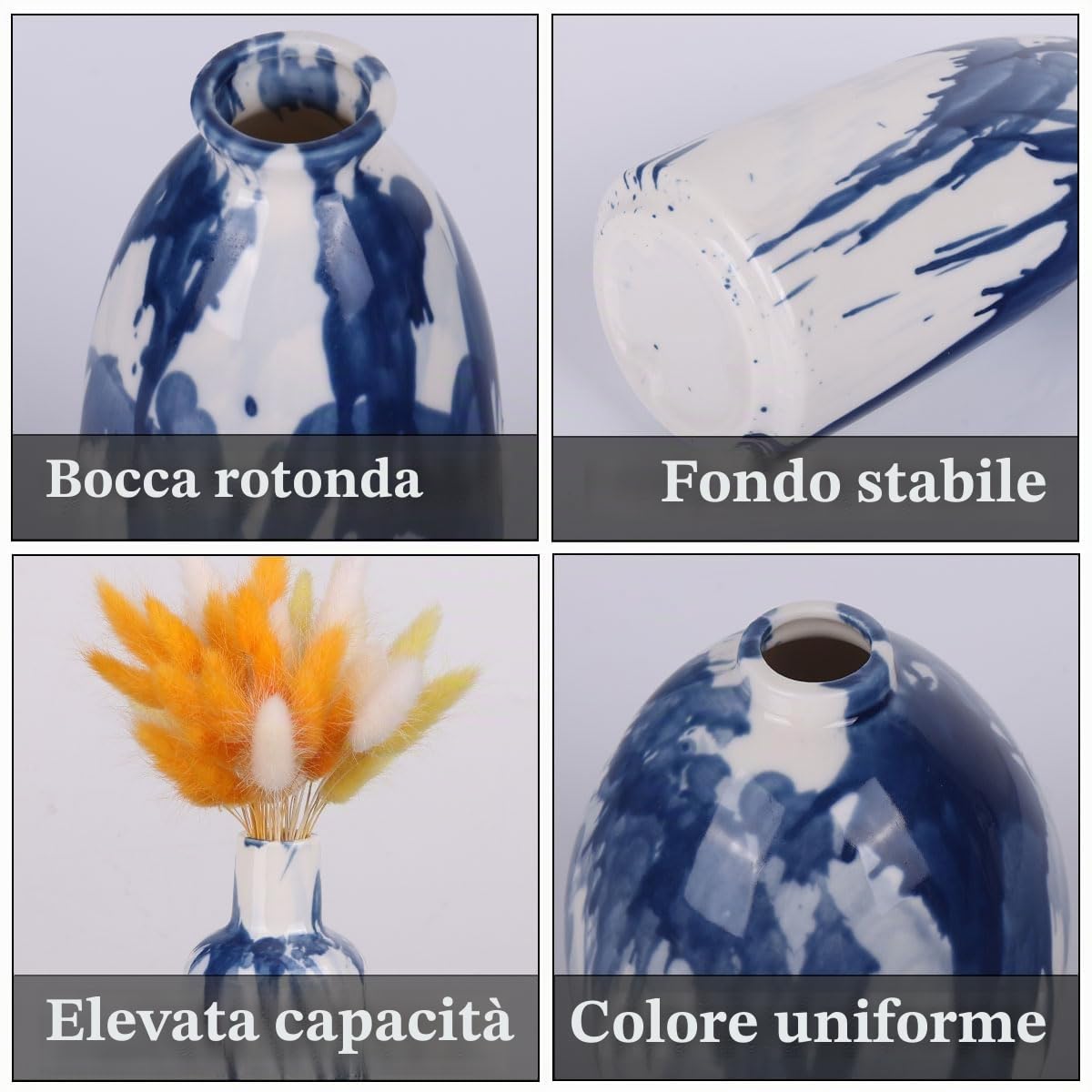 Set di 5 vasi in ceramica blu e bianca - Vasi decorativi moderni in stile rustico blu navy per casa, ufficio, soggiorno, centrotavola per decorazioni da tavola per mensole e accenti per caminetto