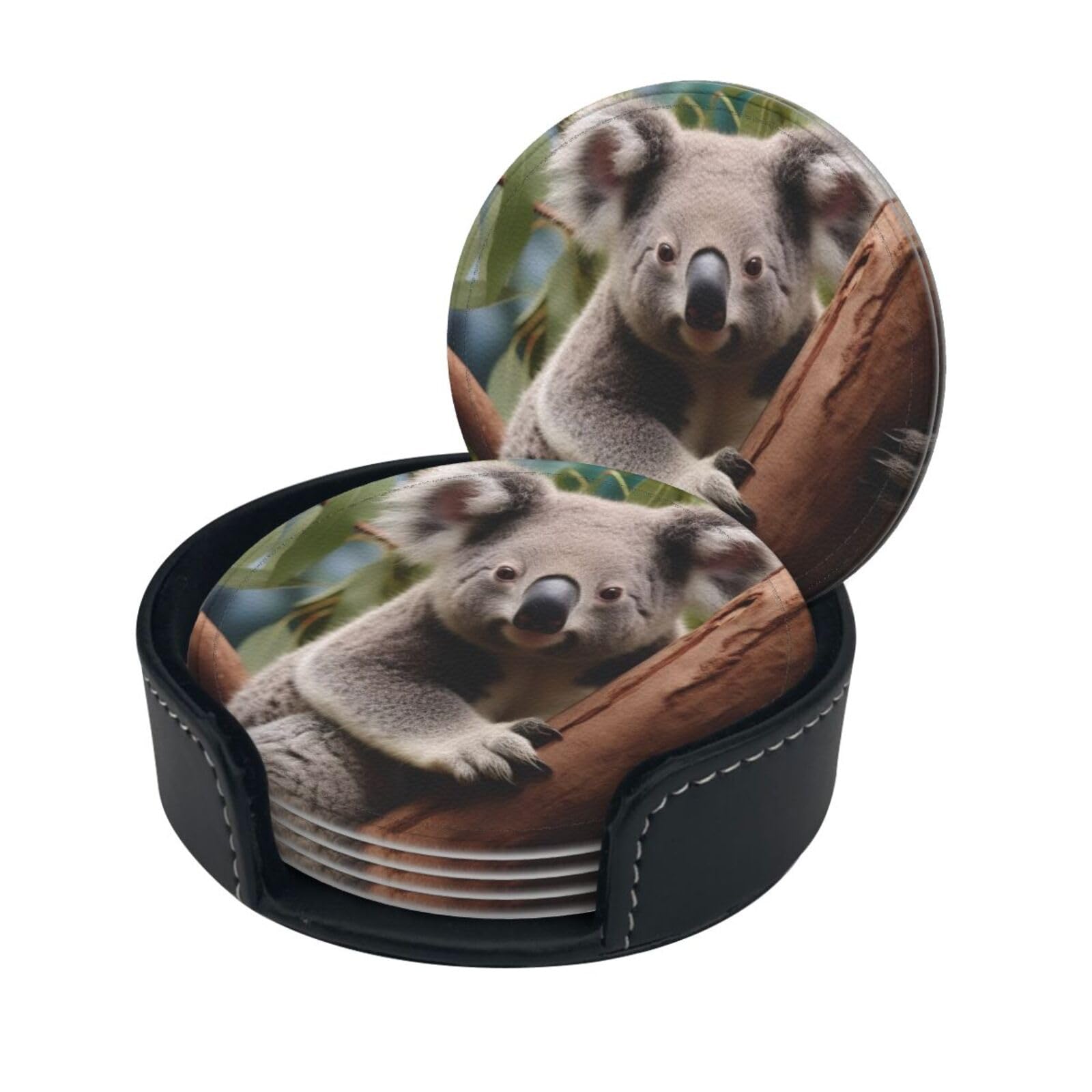 Stylish Coasters - Cute Koala Set of 6 Round Leather Drink Coasters with Holder - Perfect Size for Cups and Glasses