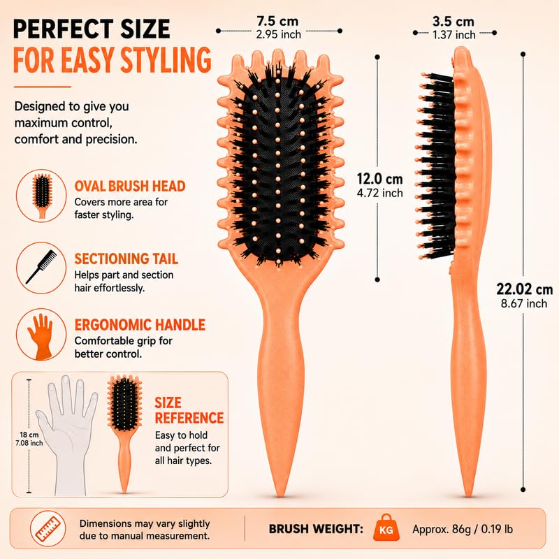 Image of Combelle 5-in-1 Curl Hair Brush | Vegan Boar Bristles | Bio-Based PLA Handle | Detangling, Defining & Frizz Control for Curly & Wavy Hair | For Men & Women - Peach Orange (Pack of 3)