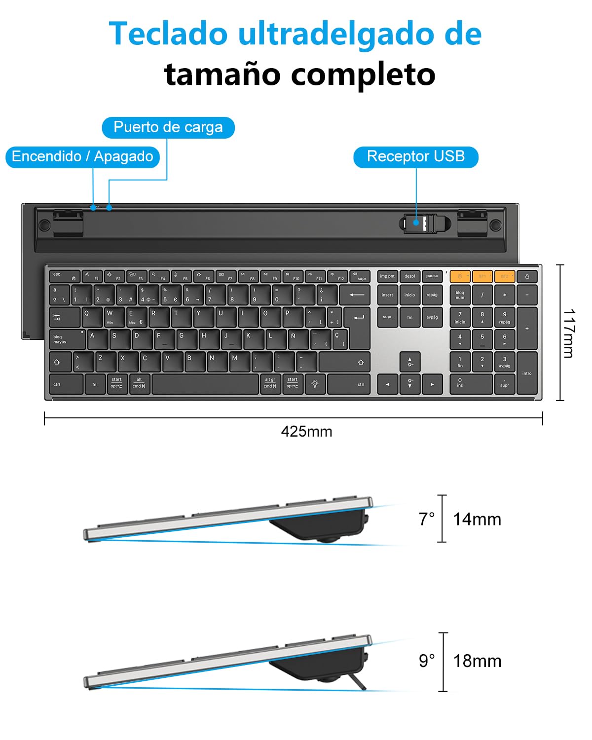 OMOTON Teclado Inalámbrico Bluetooth + 2.4GHz, Carcasa Metálica, Teclado QWERTY Español Silencioso Multidispositivo, Teclado Retroiluminado Recargable para Windows/Mac, Oficina y Estudio, Gris Negro