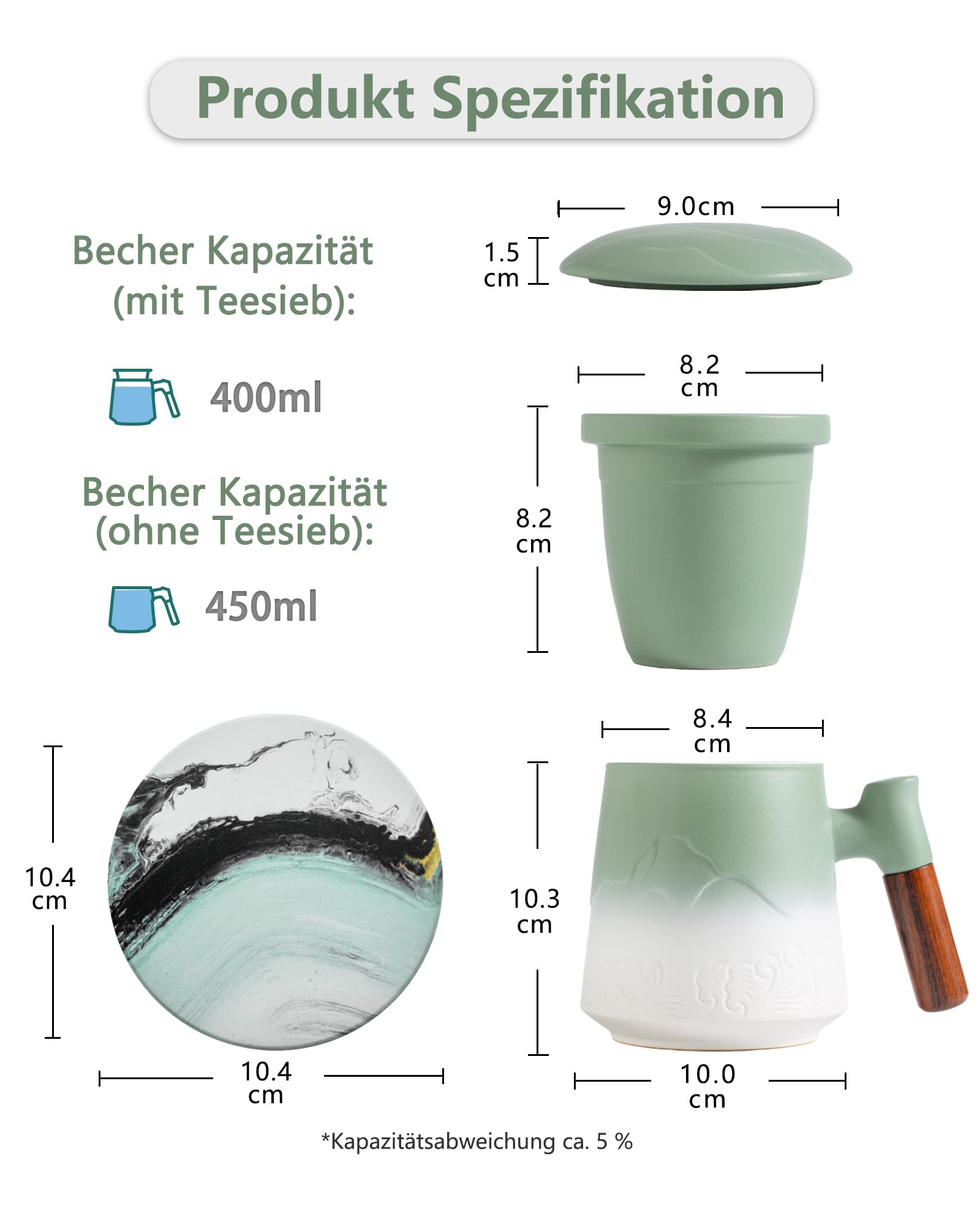 ZENS Teetasse mit Deckel und Sieb, 450 ml Große Holzgriff Teebecher mit Teesieb für Losen Tee, Geprägtem Keramik Teetassen und Untersetzer Set, Geschenke für Teeliebhaber, Moosgrün und Weiß