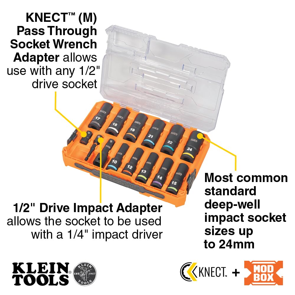 Klein Tools 65111IMPCTM KNECT Set di bussole a percussione per pozzi profondi, attacco da 1/2", metriche, codificate a colori, custodia MODbox, adattatore e prolunga per impatto, 14 pezzi