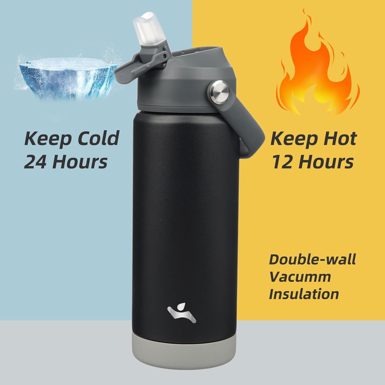 Insulated Water Bottle with Straw Lid,18 oz Stainless Steel Vacuum Metal Bottle with Silicone Handle,Black - Image 3