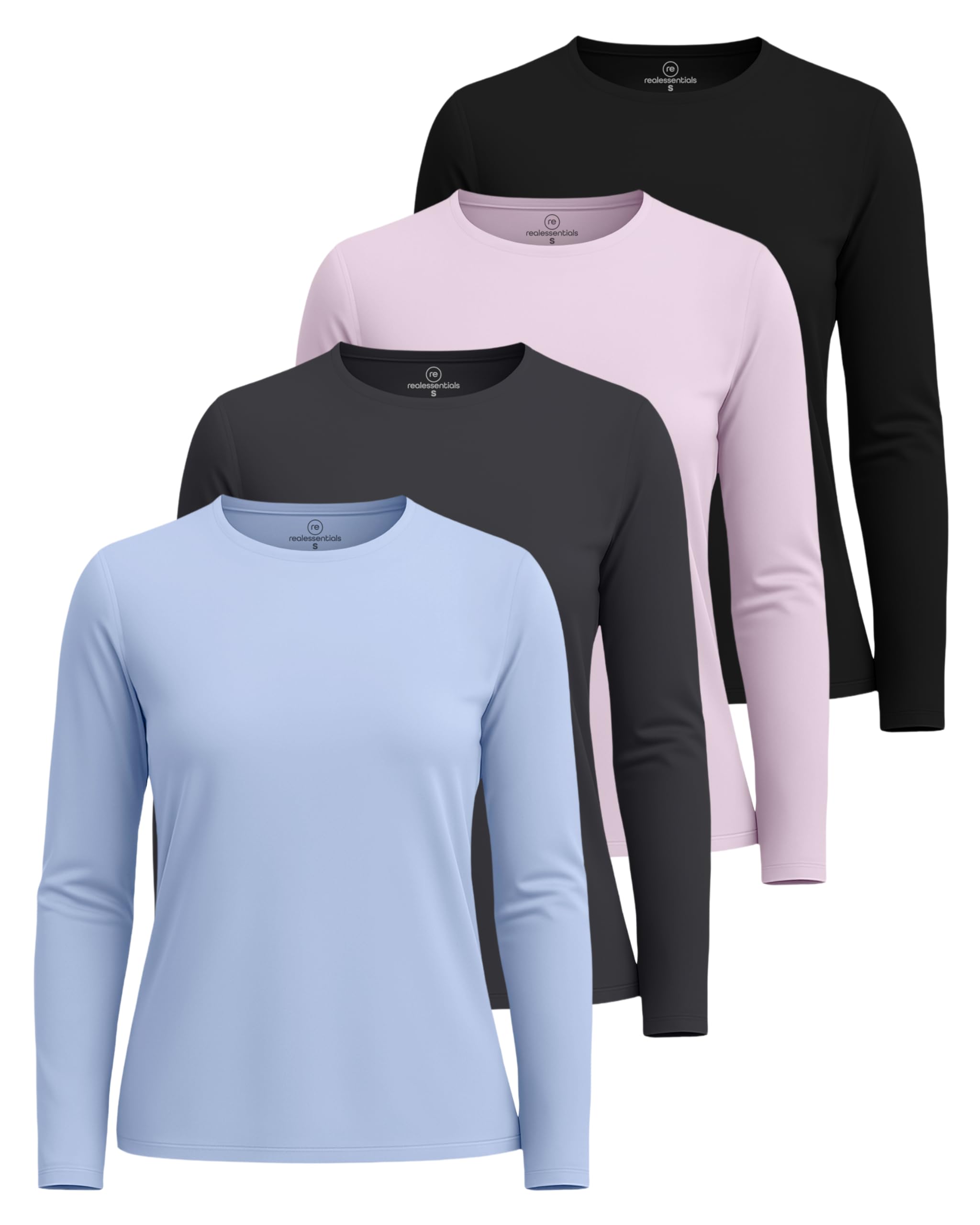 Real Essentials 4 Pack: Women's UPF 50+ Quick Dry Fit Sun Shirts Long Sleeve UV SPF Hiking Top Outdoor (Available in Plus)