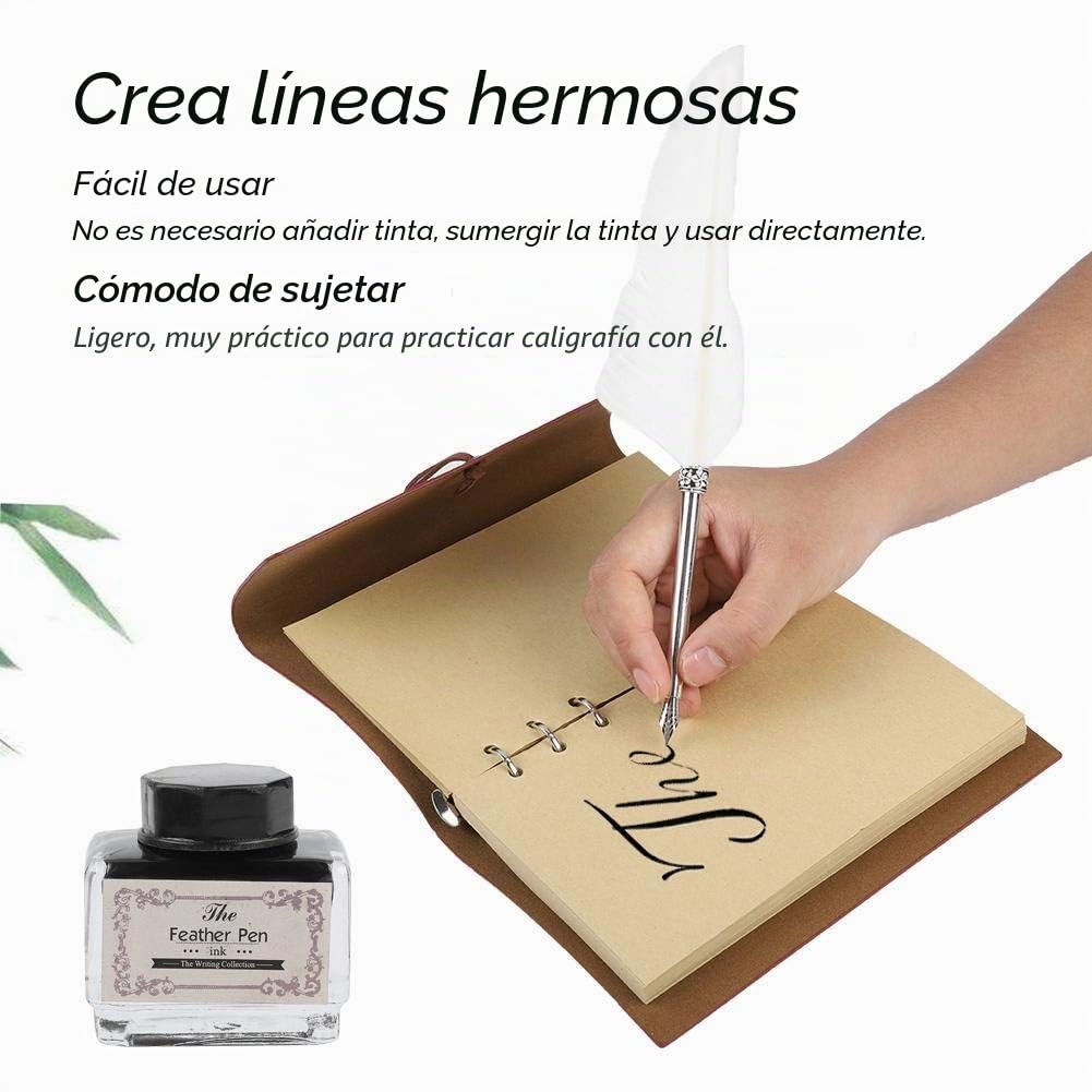 VBESTLIFE Conjunto de Botella de Tinta Cuaderno de Cuero Retro con Pluma Estilográfica de Plumaje Tallado Vintage para Caligrafía Escritura Regalo de Papelería(Blanco)