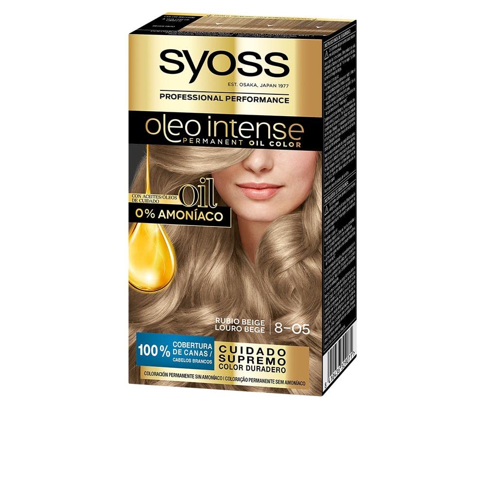 Syoss Oleo Intense – Shade 8-05 Blonde Beige – Ammonia-Free Permanent Hair Colour – Hairdressing Results – Professional Gray Coverage