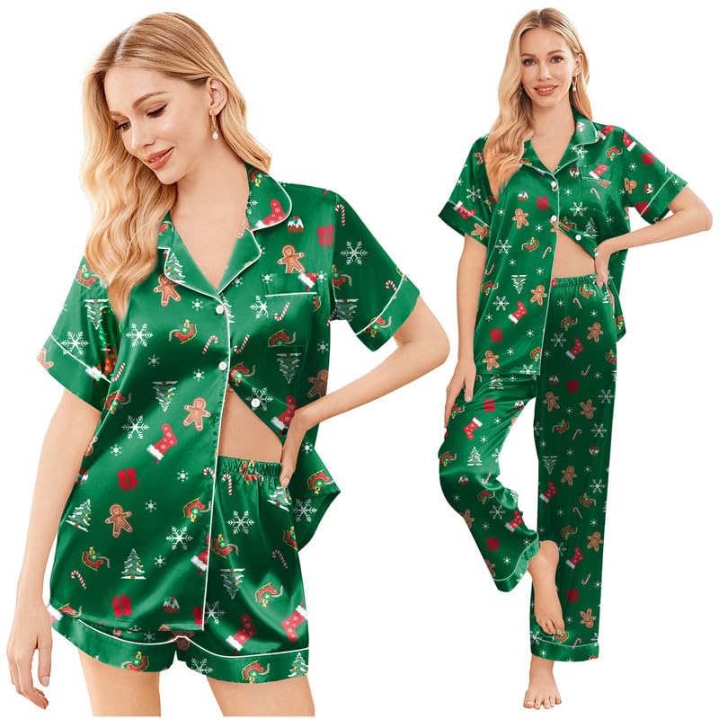 Image of Ekouaer Silk Pajamas for Women Set Satin Soft Short Sleeve Button Down Pjs | 3 Piece Loungewear,Comfy Sleepwear,Silky Smooth Fabric,Gift for wedding,Bridal Party,Coffee Time,Vacation
