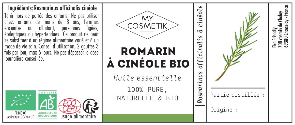 MyCosmetik - Organic AB Cineole Rosemary Essential Oil - From Organic Agriculture - HEBBD/HECT Chemotyped - 100% Pure and Natural - ECOCERT Certified - Made in France - 10 ml - 2
