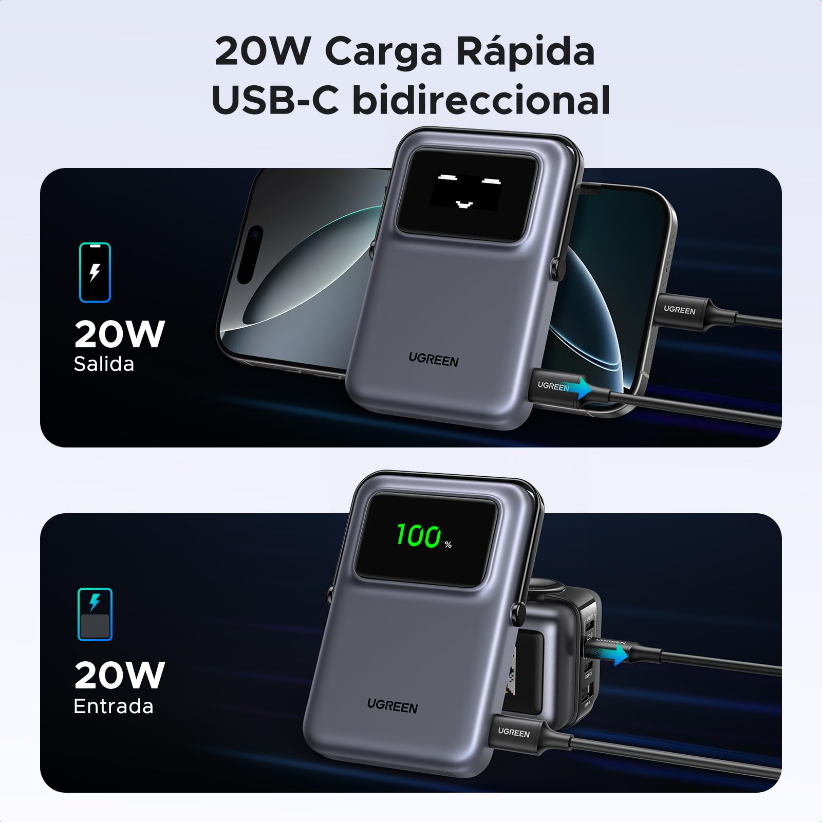 UGREEN Uno Power Bank Magnético 10000mAh Inalámbrico 7.5W, Cargador Portátil y PD 20W con Cavo USB C Pantalla y Soporte, Compatible con iPhone 17 Pro MAX Air/16/15/14/13/12 Mini Plus Pro MAX, Negro