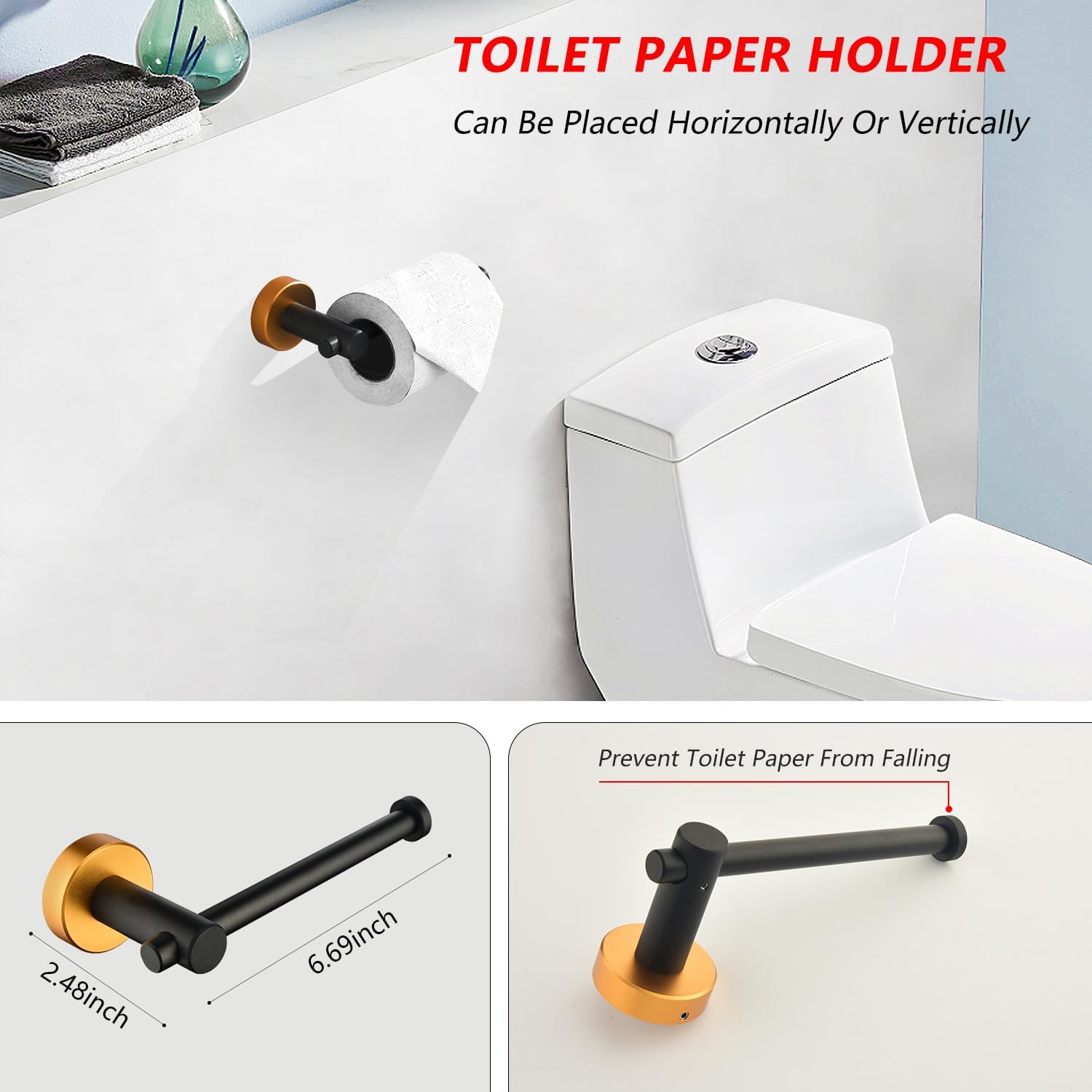 Aluminum 6-Piece Bathroom Accessories Set Anti-Rust Towel Bar,Toilet Paper Shelf & Hook Rack,Towel Ring,Modern Black and Gold Finish,Wall Mounted (Black and Gold)
