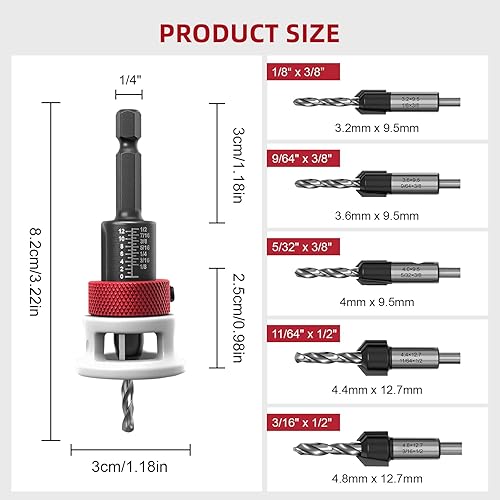 Miniatura 2 de Juego de 7 brocas avellanadas con tope de profundidad, brocas HSS M2 de 18 pulgadas, 964 pulgadas, 532 pulgadas, taladro + 38 pulgadas 82 , taladro