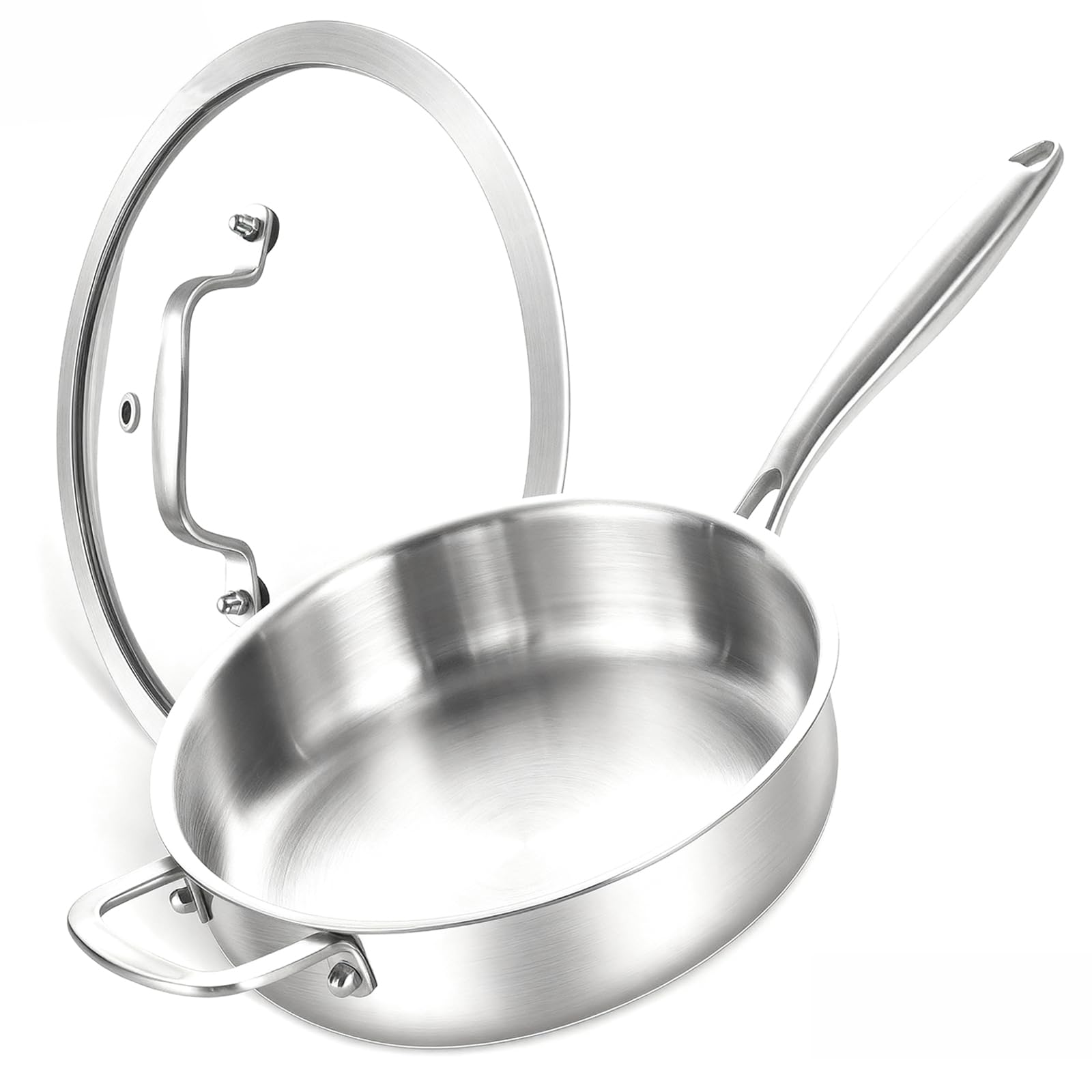 DELARLOCHEF Schmorpfanne Hoher Rand, Dreilagige 304 Edelstahl Pfanne mit Deckel, Tiefe Bratpfanne Induktion, Edelstahlpfanne Unbeschichtet