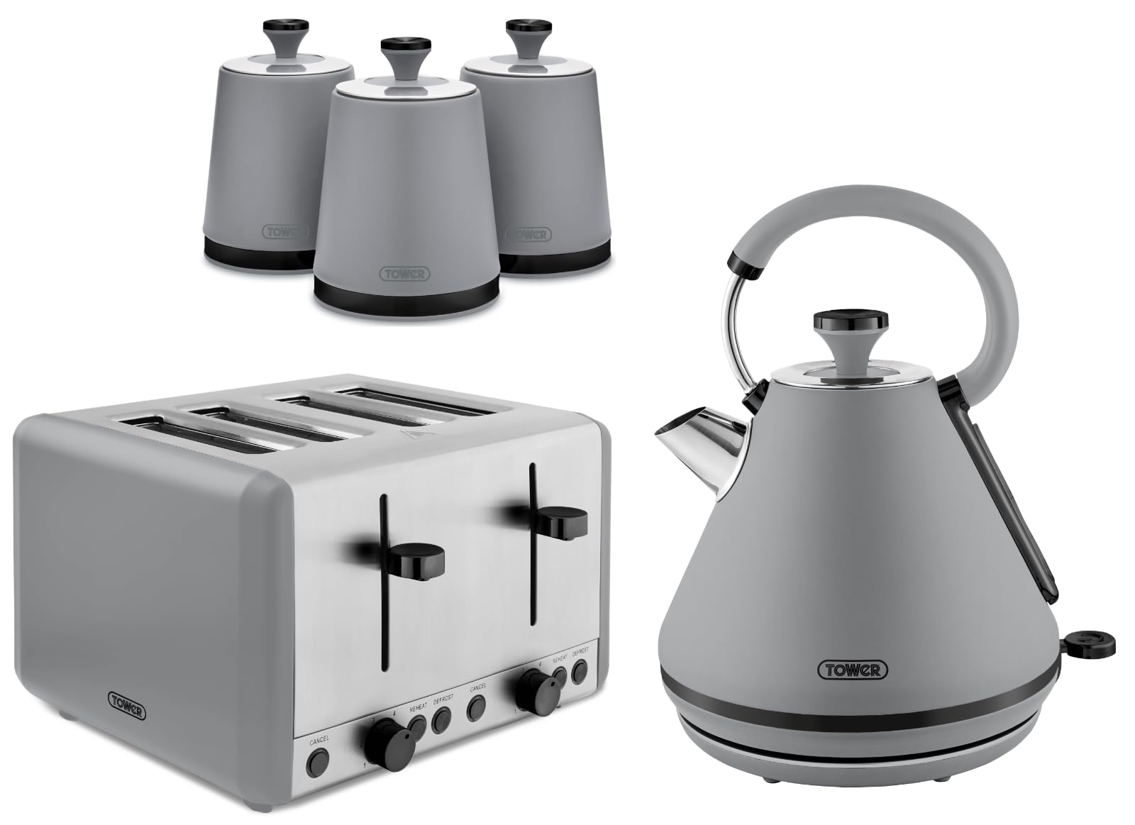 Tower Sera 1.7L 3KW Pyramid Kettle, 4 Slice Toaster & Tea, Coffee, Sugar Canisters in Grey with Smoked Black Trim. Contemporary Matching Tower Grey Kitchen Bundle Set
