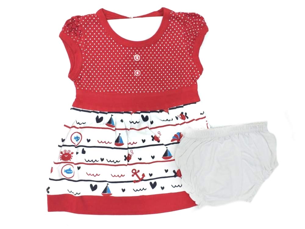 SNS Brand Pushpa Agency Lovely Cartoon Embroedery Patched Cotton Frock Dress for Baby Girls/Infant Girls - Polka Dots with 2 buttonYC-626-RD-DT-L