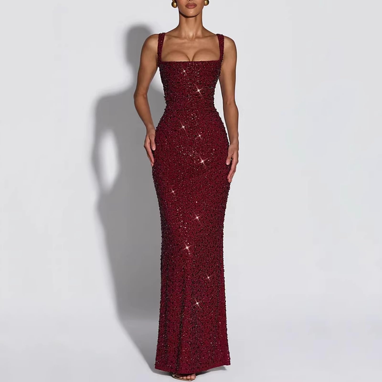 Vestido de Lentejuelas con Lazo En La Espalda, Escote Cuadrado, Tirantes Anchos, Brillante, Corte Ajustado, Ideal Para Ocasiones Formales y Fiestas Nocturnas
