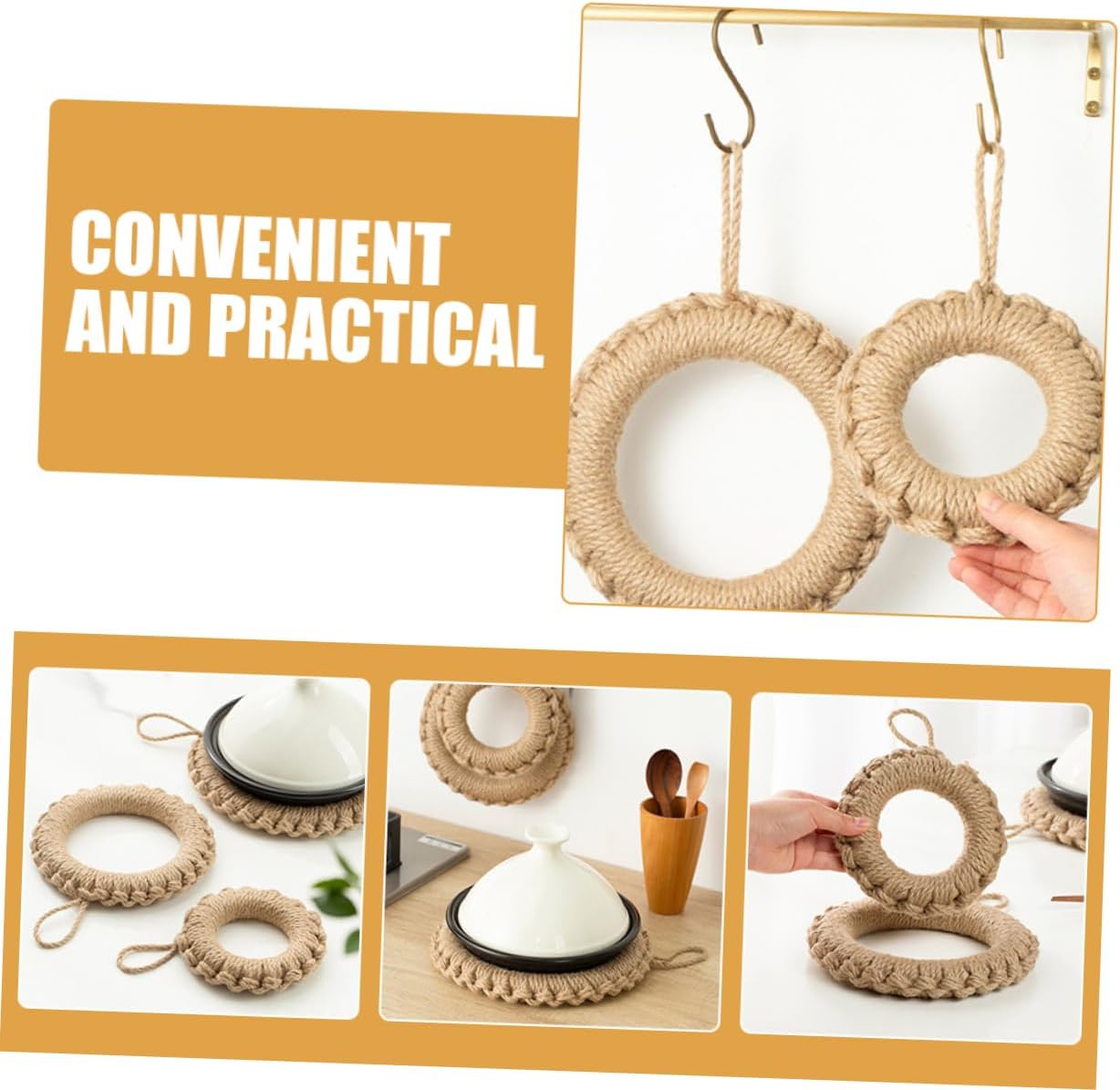 IMIKEYA Round Woven Kitchen Pot Holder Heat Resistant Decorative Mat for Dining Table Lightweight Reusable Dish Pad Farmhouse Style Handmade Cotton Coaster