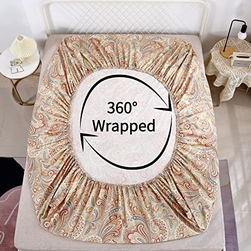 Winlife Queen Fitted Sheet Only - 100% Long Staple Cotton - Deep Pocket Fits Mattress Upto 18 Inches - Bohemian Paisley Printed Fitted Sheet (Camel Paisley) #TOP4
